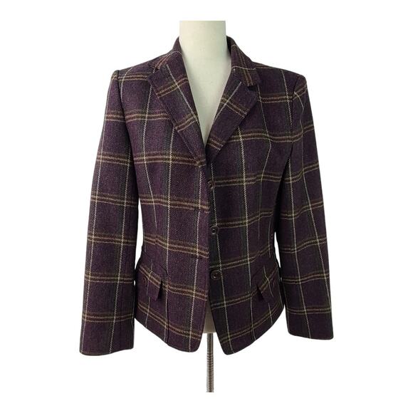 Talbots Purple Wine Green Yellow Plaid Wool Jacket Blazer Coat Vintage USA 8 - Picture 2 of 7